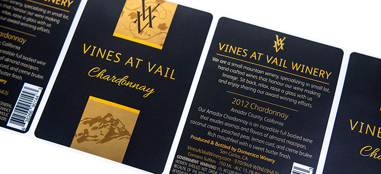 Black and gold custom wine labels for Wines at Vail Winery.