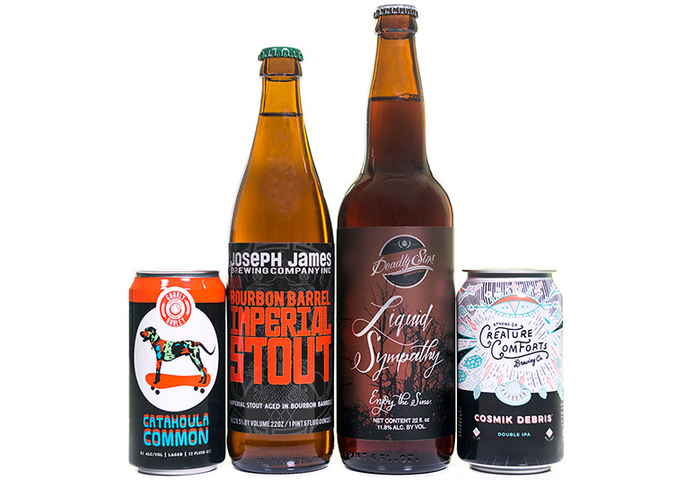 Craft beer labels on bottles and cans